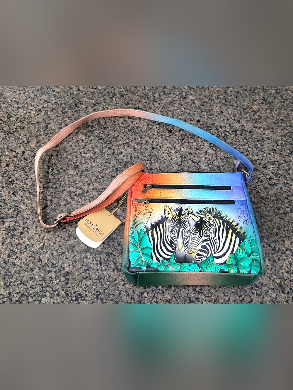 Anuschka Handpainted Crossbody Organizer Zebra Sunset NWT New with tags